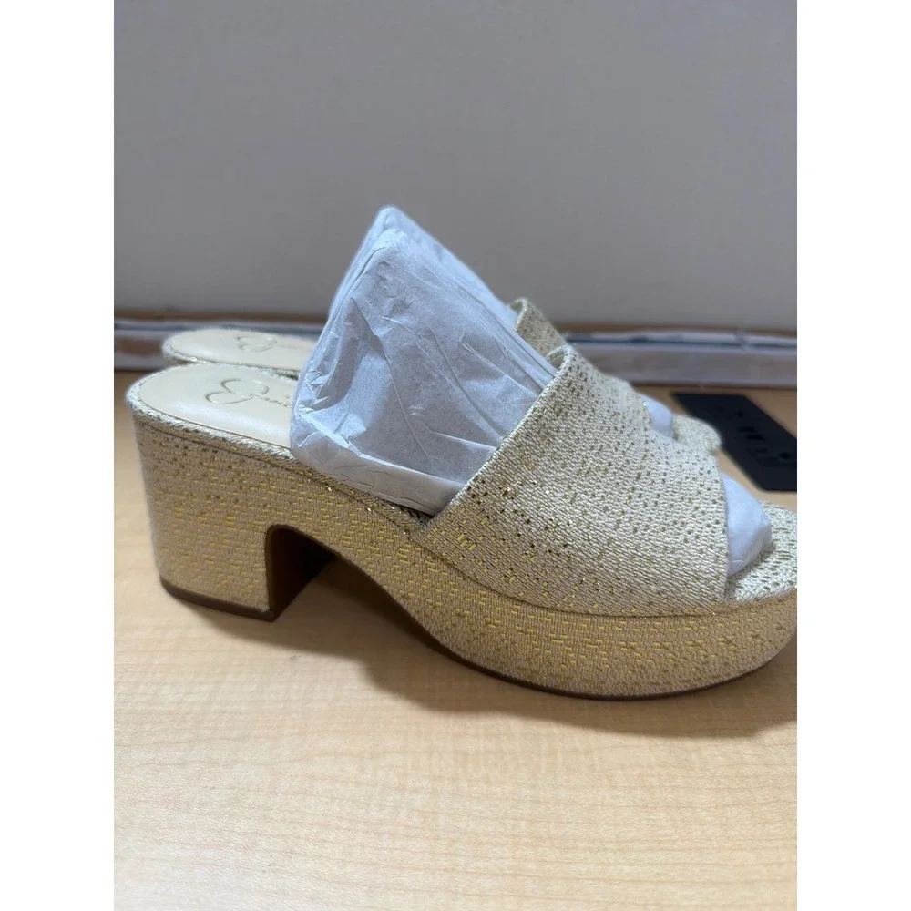 Jessica Simpson Gold Metallic Woven Platform Slide Sandals Block Heel Mules